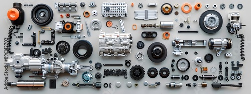 Automotive Essentials. Collection of various car parts in a realistic setting concept