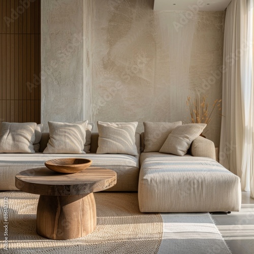 Round accent wooden coffee table against beige fabric corner stylish sofa. Minimalist luxury home interior design of modern living room High-End Home Decor.