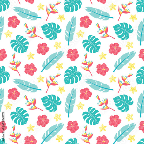 Tropical flowers and leaves seamless pattern. Summer exotic botanical vector background