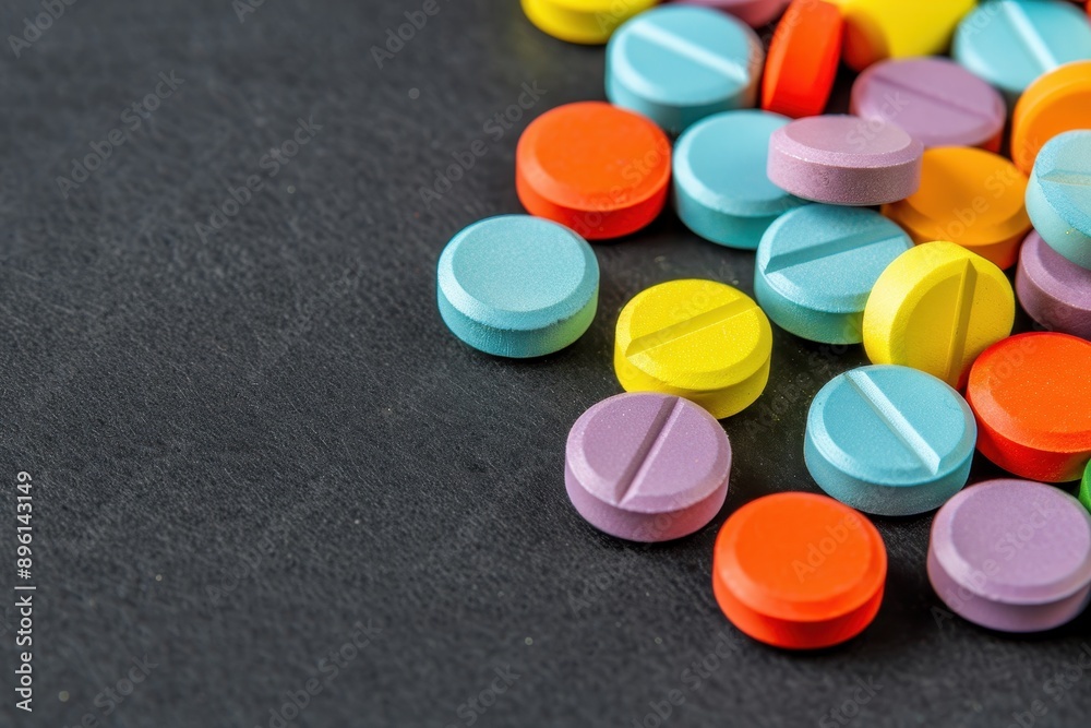 A collection of colorful tablets scattered on a dark surface, representing a variety of medications and supplements. A collection of colorful tablets scattered on a dark surface, representing a variety of medications and supplements.