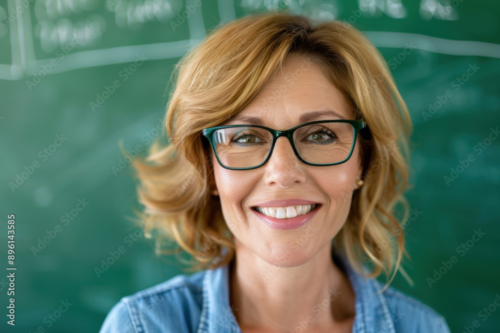 Middle aged woman teacher in front of green blackboard of primary school classroom. Education, back to school concept Middle aged woman teacher in front of green blackboard of primary school classroom. Education, back to school concept