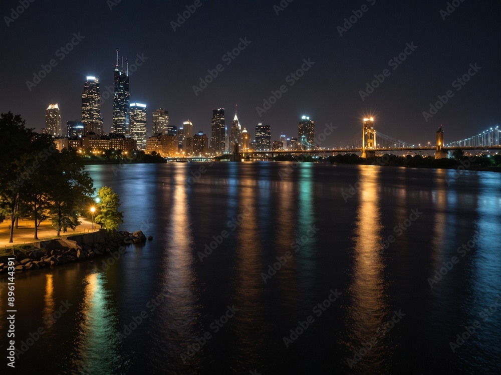 A riverside at night with the river quietly flowing, and a brightly lit city skyline in the distance. A riverside at night with the river quietly flowing, and a brightly lit city skyline in the distance.
