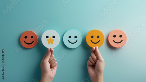 Colorful round smiley face icons lined up on a blue background with hands holding two of them, one featuring a yellow star.