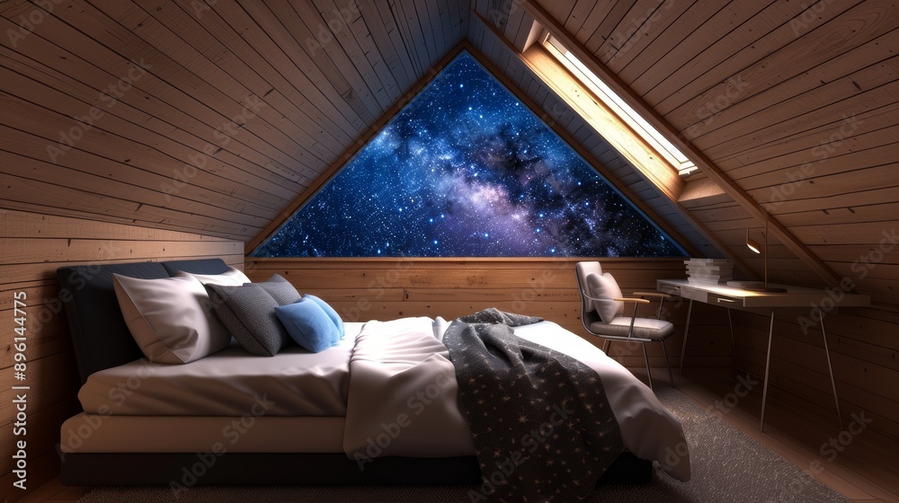 A cozy attic space with a bed, a desk, and a view of the stars through a skylight, with copy space, high-resolution photo, realistic photo, hyper realistic A cozy attic space with a bed, a desk, and a view of the stars through a skylight, with copy space, high-resolution photo, realistic photo, hyper realistic