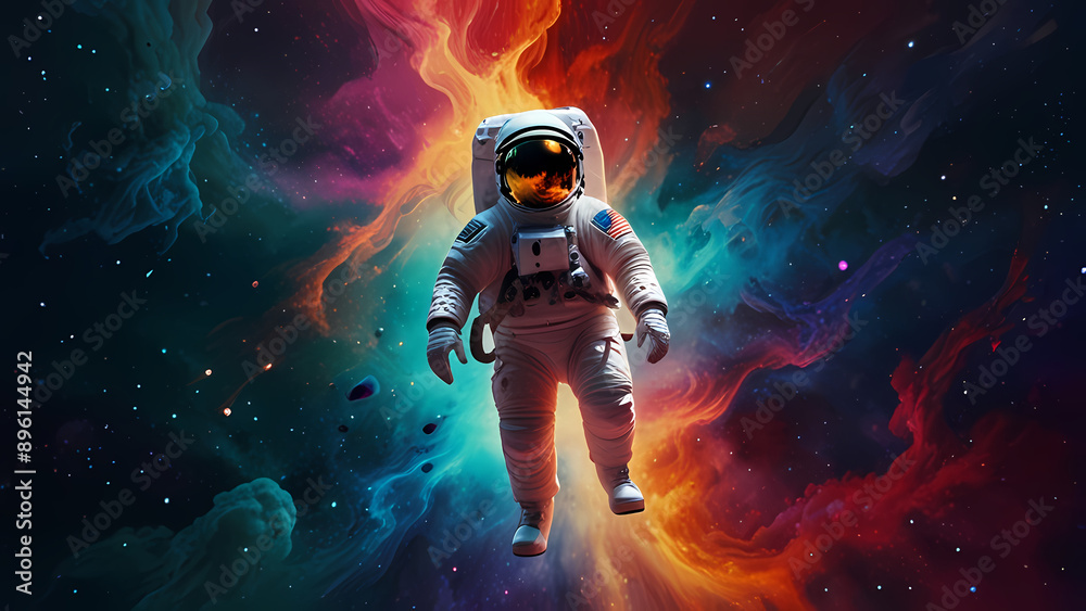 Obraz premium illustration background that features an astronaut floating through a vibrant, otherworldly nebula, with swirling colors and abstract shapes