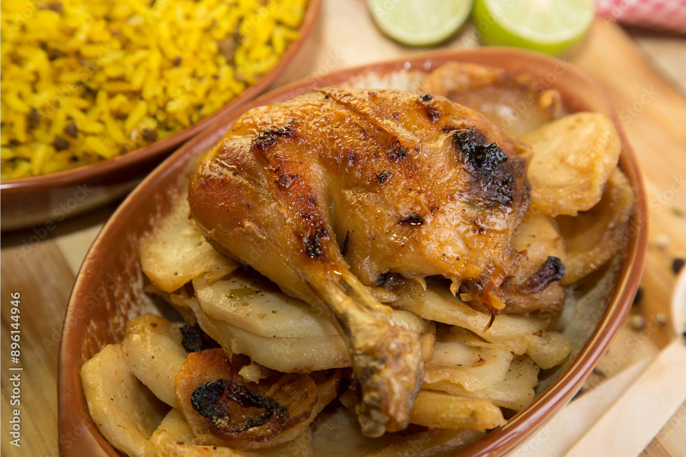 The national Saudi Arabian dish chicken kabsa with roasted chicken quarter and almonds mandi The national Saudi Arabian dish chicken kabsa with roasted chicken quarter and almonds mandi