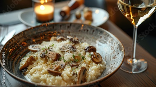 Rich and creamy risotto with wild mushrooms and parmesan cheese, served with a glass of white wine photo