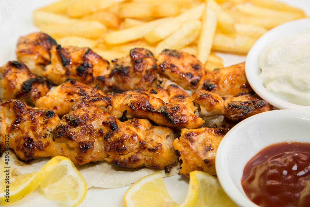 Shashlik or kebab made from chicken fillet meat with onion and pepper. Meat on skewers. with French fries potato fry Shashlik or kebab made from chicken fillet meat with onion and pepper. Meat on skewers. with French fries potato fry