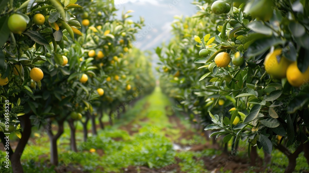 Rows of citrus trees with ripe lemons and limes in an orchard Rows of citrus trees with ripe lemons and limes in an orchard