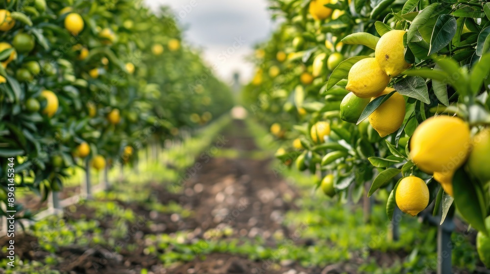 Rows of citrus trees with ripe lemons and limes in an orchard Rows of citrus trees with ripe lemons and limes in an orchard