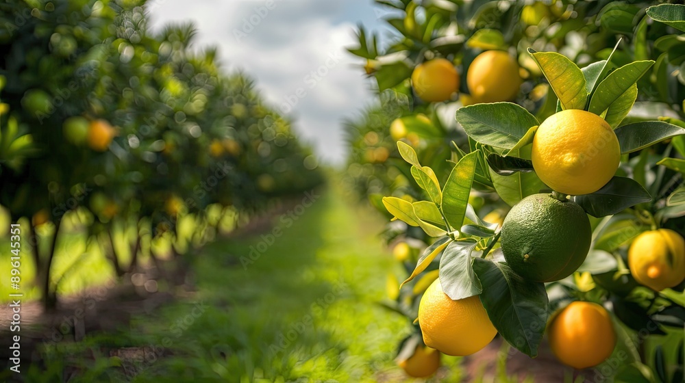 Rows of citrus trees with ripe lemons and limes in an orchard Rows of citrus trees with ripe lemons and limes in an orchard