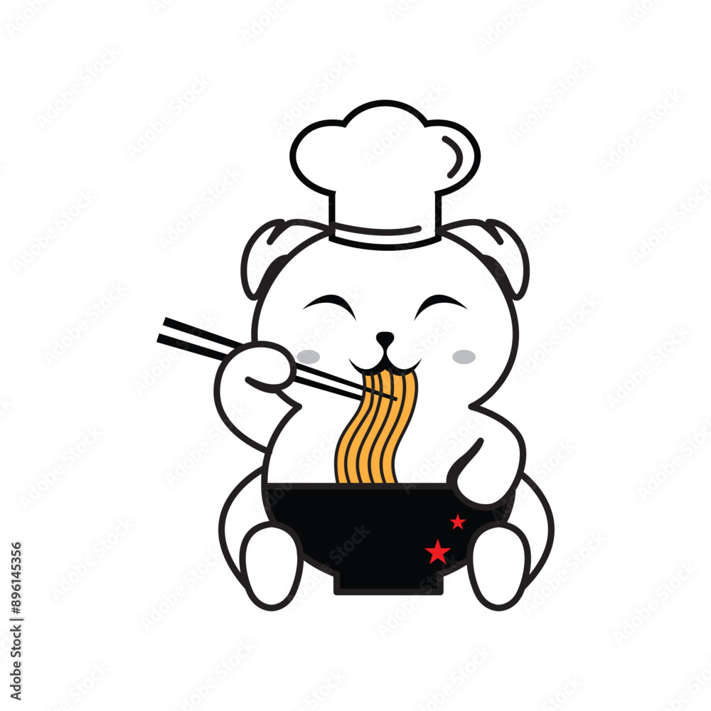 Dog animal logo holding a cute cartoon mascot vector noodle bowl symbol icon design illustration Dog animal logo holding a cute cartoon mascot vector noodle bowl symbol icon design illustration