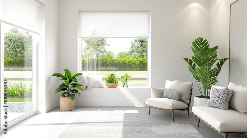 Fototapeta premium A bright and airy sunroom with comfortable seating, plants, and a view of the garden, with copy space, high-resolution photo, realistic photo, hyper realistic