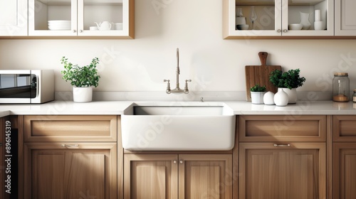 A cozy kitchen with wooden cabinets, a farmhouse sink, and vintage appliances, with copy space, high-resolution photo, realistic photo, hyper realistic