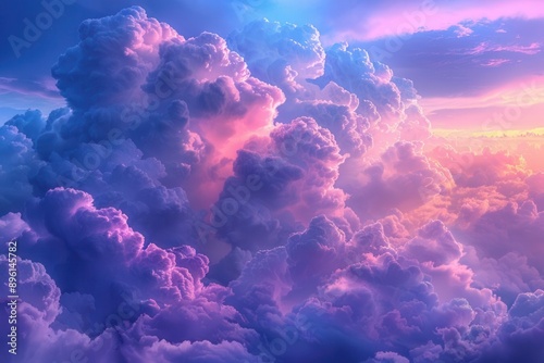 Surreal sky purple cumulus clouds, fantasy scenery, abstract background, pastel shades, soft light, ethereal atmosphere. © Somi Danita