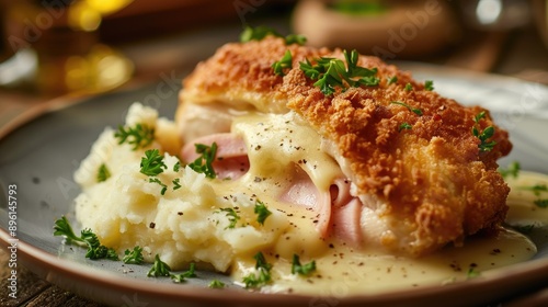Savory chicken cordon bleu with ham and cheese, served with mashed potatoes