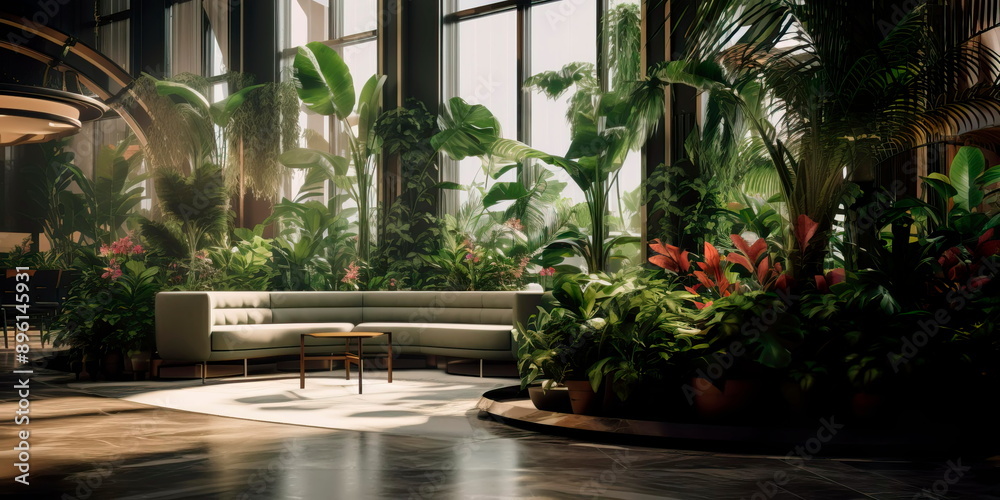 Indoor plants and greenery create a calming and nature-inspired atmosphere in the lobby. Generative AI