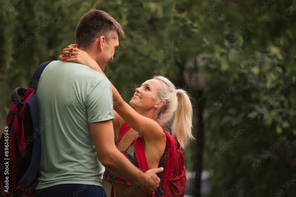 Happy beautiful sporty couple travel. Have fun concept Happy beautiful sporty couple travel. Have fun concept