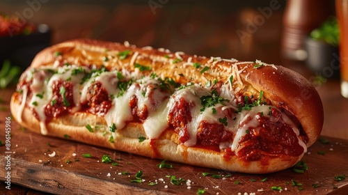 Savory meatball sub with marinara sauce and melted cheese, served in a sub roll