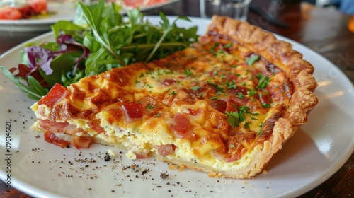 Savory quiche Lorraine with bacon and cheese, served with a side salad