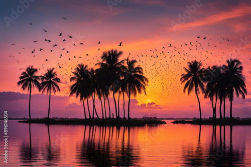 Wallpaper Mural Silhouette of sugar palm trees and a flock of flying birds against with colorful sky in the morning with reflection in the water Torontodigital.ca