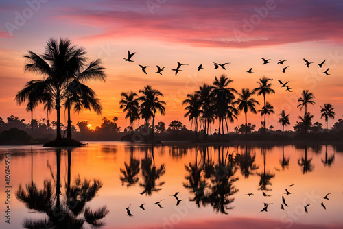 Silhouette of sugar palm trees and a flock of flying birds against with colorful sky in the morning with reflection in the water