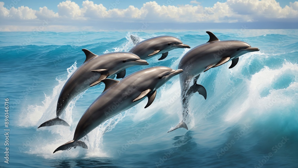Fototapeta premium Four Dolphins Leaping in Unison Through Ocean Waves Under a Bright Blue Sky