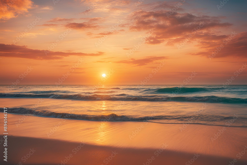 Fototapeta premium Sunrise sea sand beach. Inspire tropical beach seascape horizon. Orange and golden sunset sky calmness tranquil relaxing sunlight summer mood. Vacation travel holiday banner.