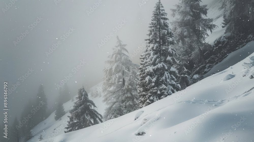 Naklejka premium Snow-covered trees on a mountain slope in winter