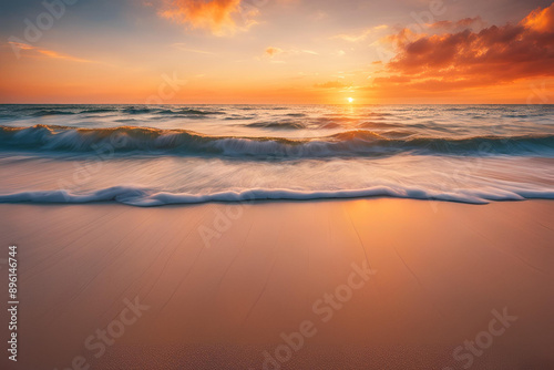 Sunrise sea sand beach. Inspire tropical beach seascape horizon. Orange and golden sunset sky calmness tranquil relaxing sunlight summer mood. Vacation travel holiday banner. © Iskandar