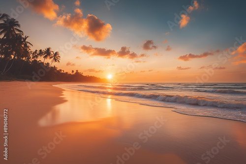 Sunrise sea sand beach. Inspire tropical beach seascape horizon. Orange and golden sunset sky calmness tranquil relaxing sunlight summer mood. Vacation travel holiday banner.