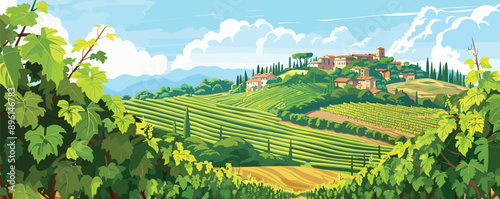 Summer Italy rural landscape with vineyards, green hills. Vector panorama background.