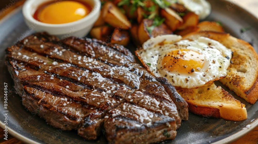 Steak and eggs served with toast and a side of hash browns for breakfast Steak and eggs served with toast and a side of hash browns for breakfast