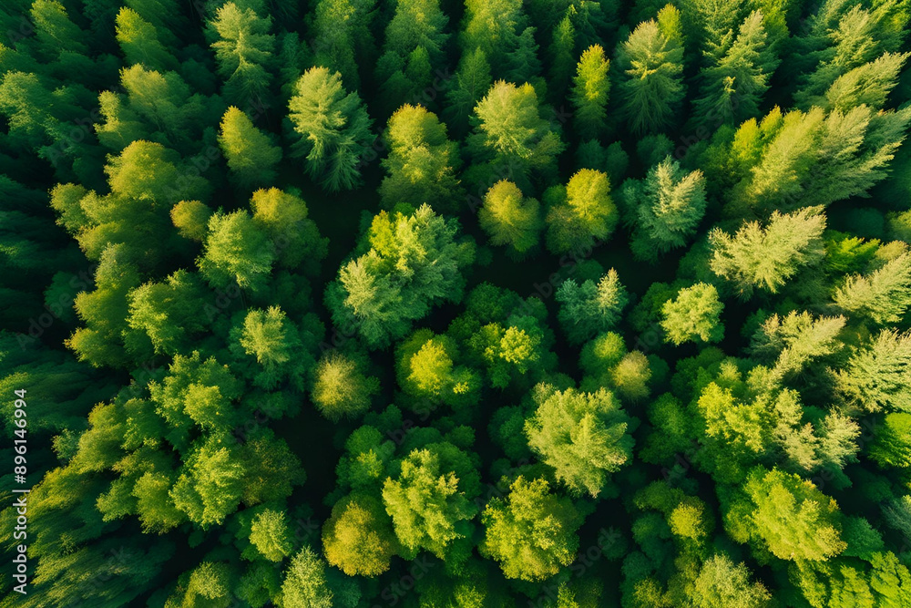 Naklejka premium Summer in forest aerial top view. Mixed forest, green deciduous trees. Soft light in countryside woodland or park. Drone shoot above colorful green texture in nature