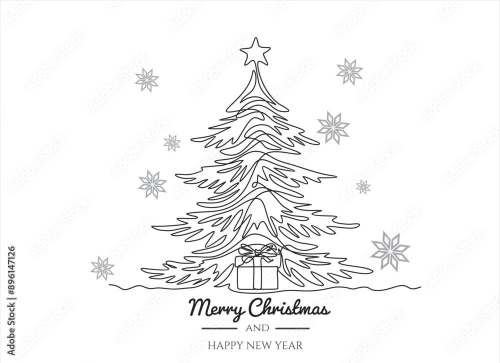 Continuous one line line drawing  of xmas tree and gift. Merry Christmas concept