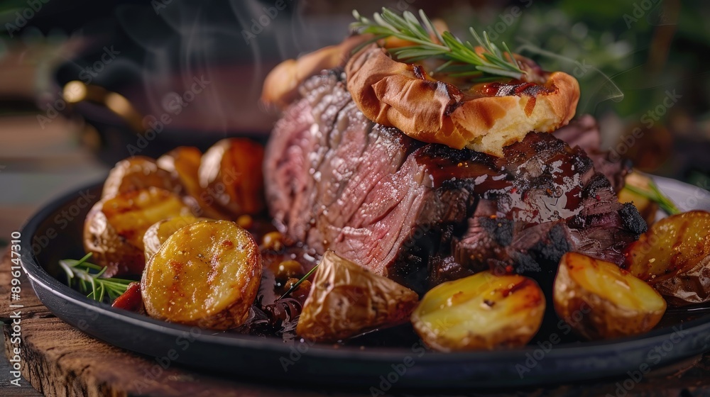 Tender roast beef with Yorkshire pudding and gravy, served with roasted potatoes Tender roast beef with Yorkshire pudding and gravy, served with roasted potatoes