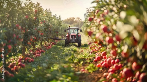 Tractor driving through an apple orchard during harvest