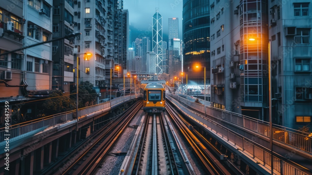 Fototapeta premium Train passing through a dense urban area with skyscrapers