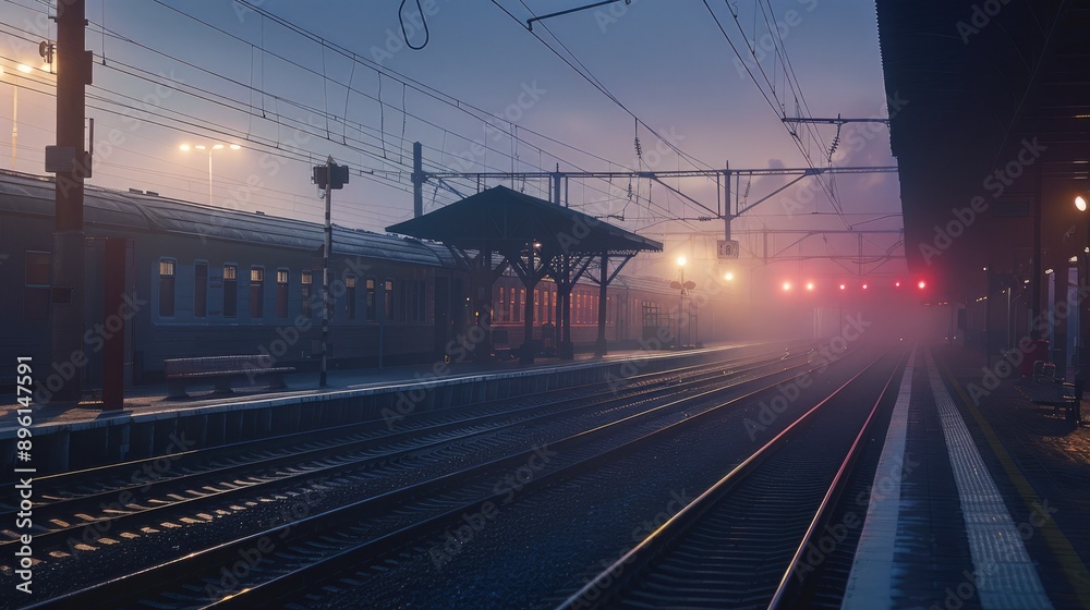 Naklejka premium Train station at dawn with soft morning light