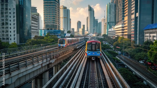 Train passing through a dense urban area with skyscrapers