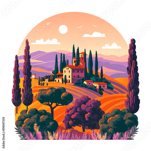 Landscape of Tuscany. Italy. Vector illustration in flat style