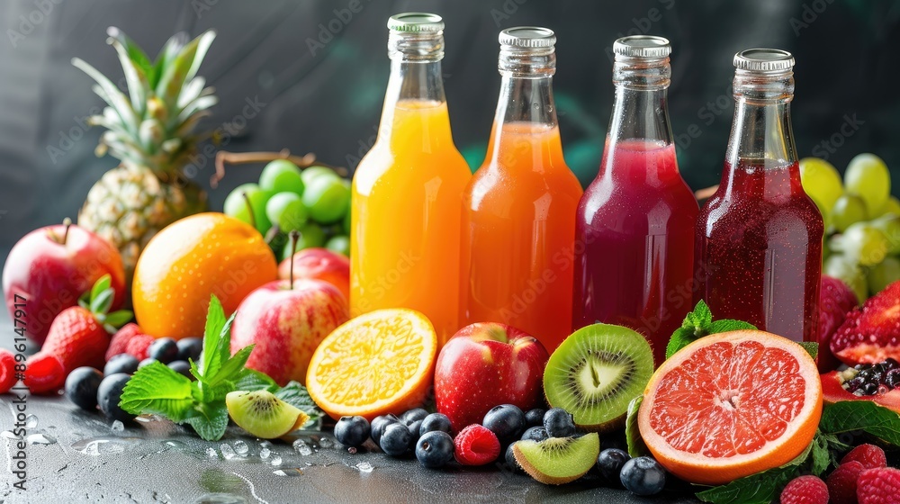 Variety of colorful fruit juices in glass bottles with fresh fruits around Variety of colorful fruit juices in glass bottles with fresh fruits around