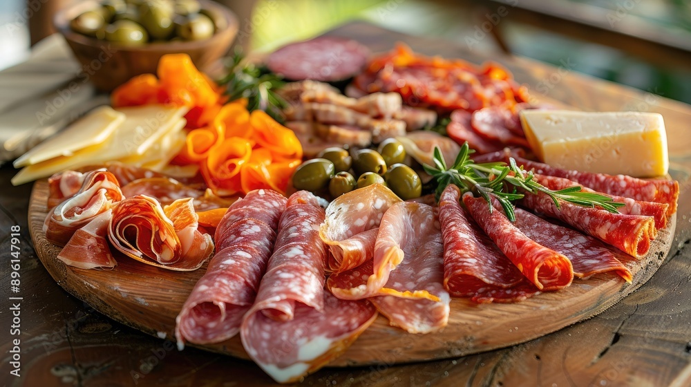 Variety of cured and smoked meats on a wooden platter with olives and cheese Variety of cured and smoked meats on a wooden platter with olives and cheese