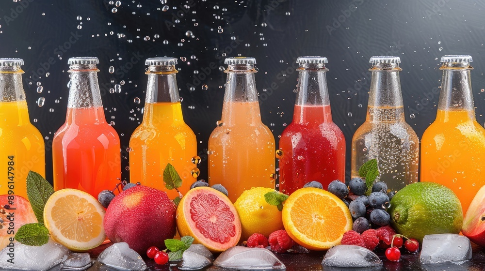 Variety of freshly made fruit juices in glass bottles with fresh fruits and ice cubes Variety of freshly made fruit juices in glass bottles with fresh fruits and ice cubes