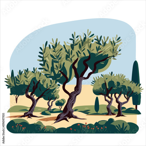 Olive trees in the park. Vector illustration in flat style.