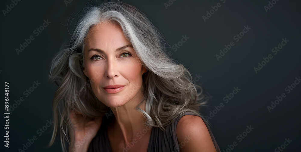 Close up studio portrait of beautiful elegant mature woman with gray hair, dark background Close up studio portrait of beautiful elegant mature woman with gray hair, dark background
