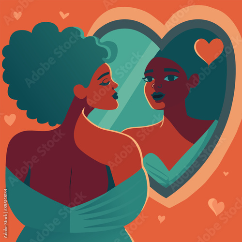 Beautiful woman admires her reflection in the mirror. Self-love, care.