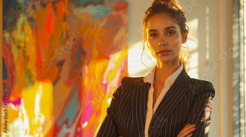 A confident female executive in a charcoal suit, holding a neat stack of papers, stands in an office with modern decor and a large wooden desk in the background.