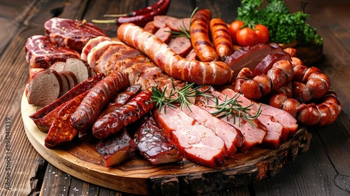Variety of smoked meats and sausages on a wooden platter