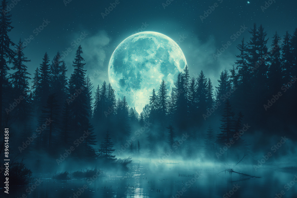 Naklejka premium Pine Forest Whispering Under the Breeze and Moonlight: A Serene Night Scene